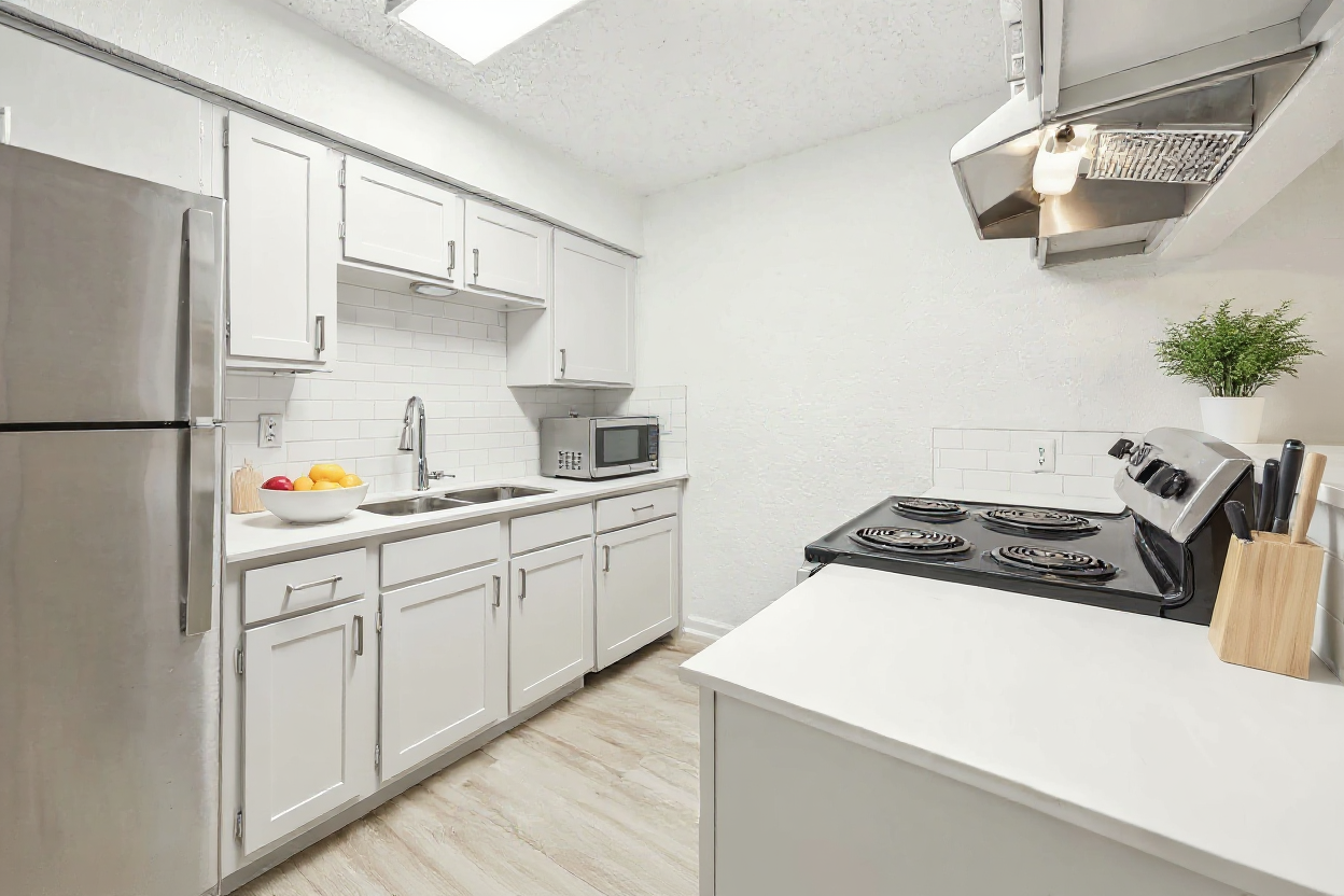 a kitchen with stainless steel appliances and white cabinets at The Falltree Apartments