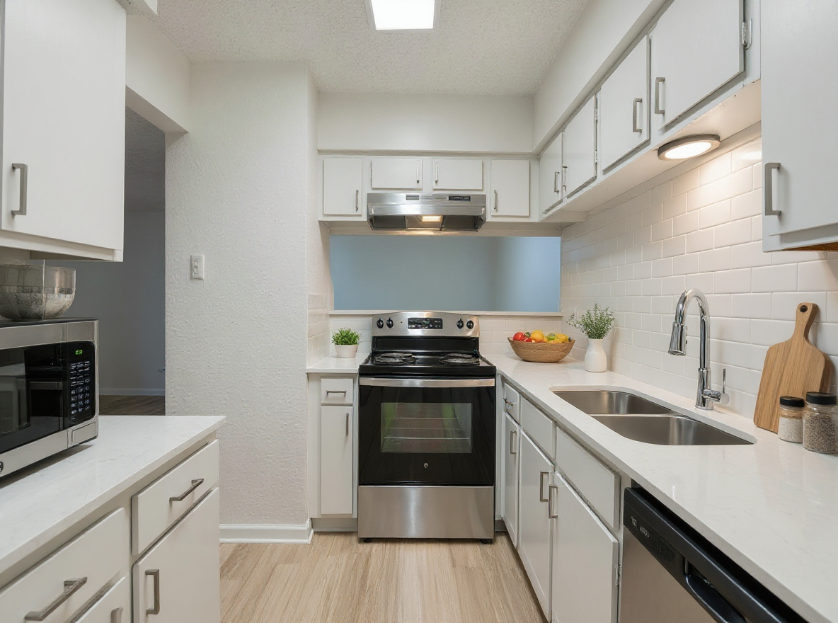 a kitchen with stainless steel appliances and white cabinets at The Falltree Apartments
