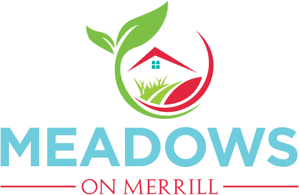 Meadows Logo. House on a hill with leaves and grass.