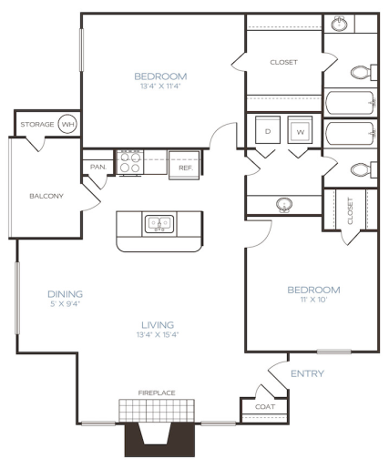 the floor plan for a two bedroom apartment at The Westley