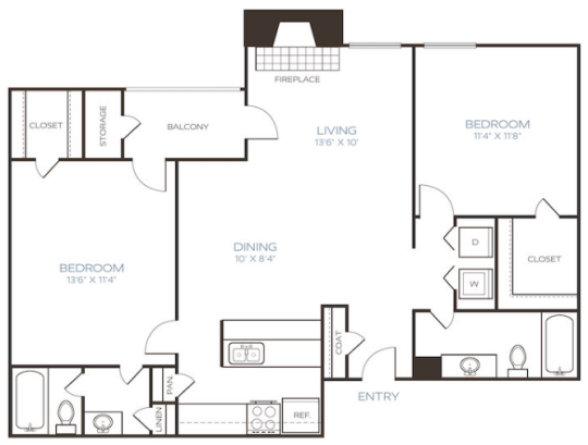 the floor plan for a two bedroom apartment at The Westley