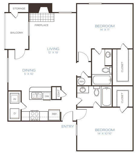 the floor plan for a two bedroom apartment at The Westley