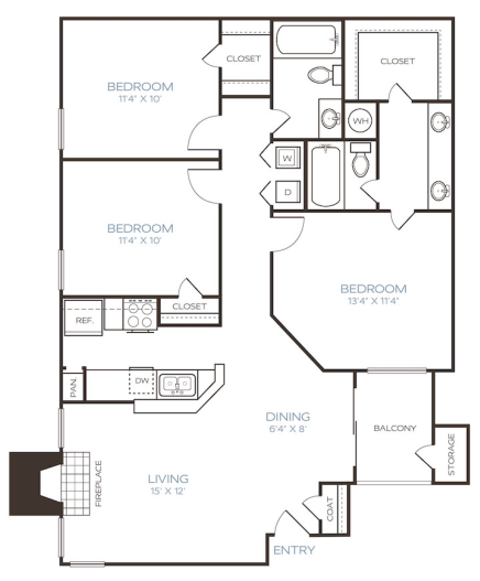 the floor plan for a two bedroom apartment at The Westley