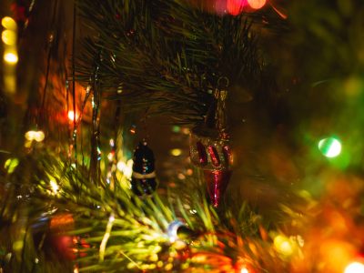 green christmas tree with string lights