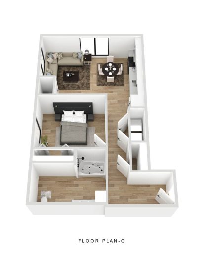 a 3d rendering of a one bedroom apartment at Fuller Park Flats