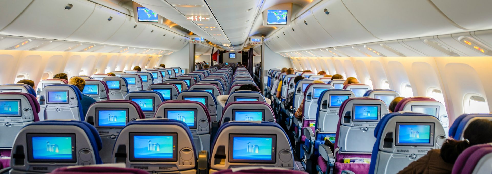 blue and white airplane seats