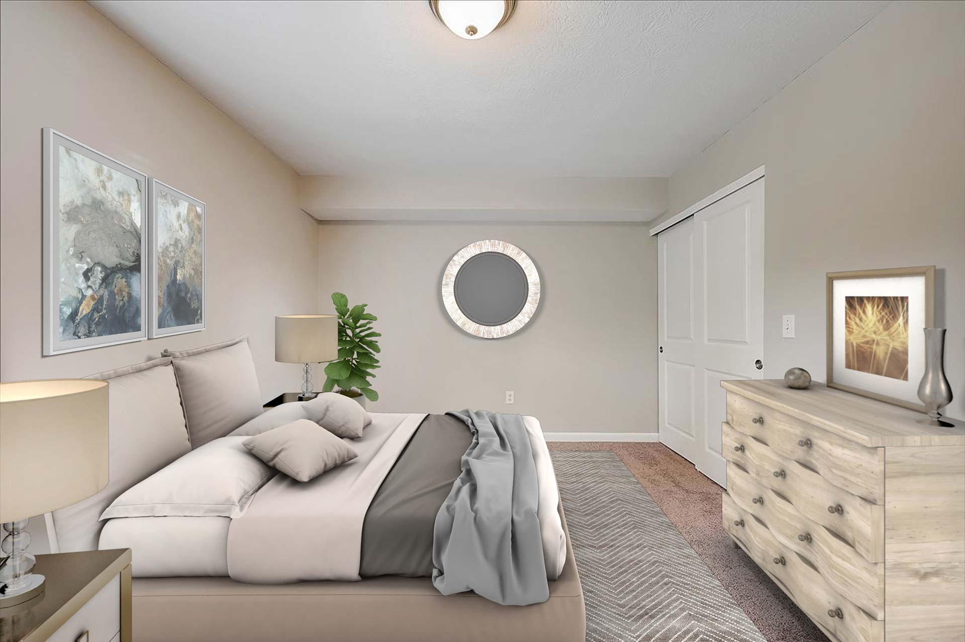 a rendering of a bedroom with a bed and dresser at The Worthington Green
