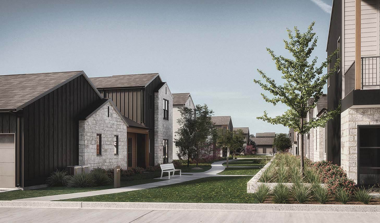 a rendering of a residential neighborhood with a street at The parcHAUS