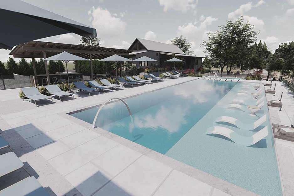 a rendering of a pool with lounge chairs and umbrellas at The parcHAUS