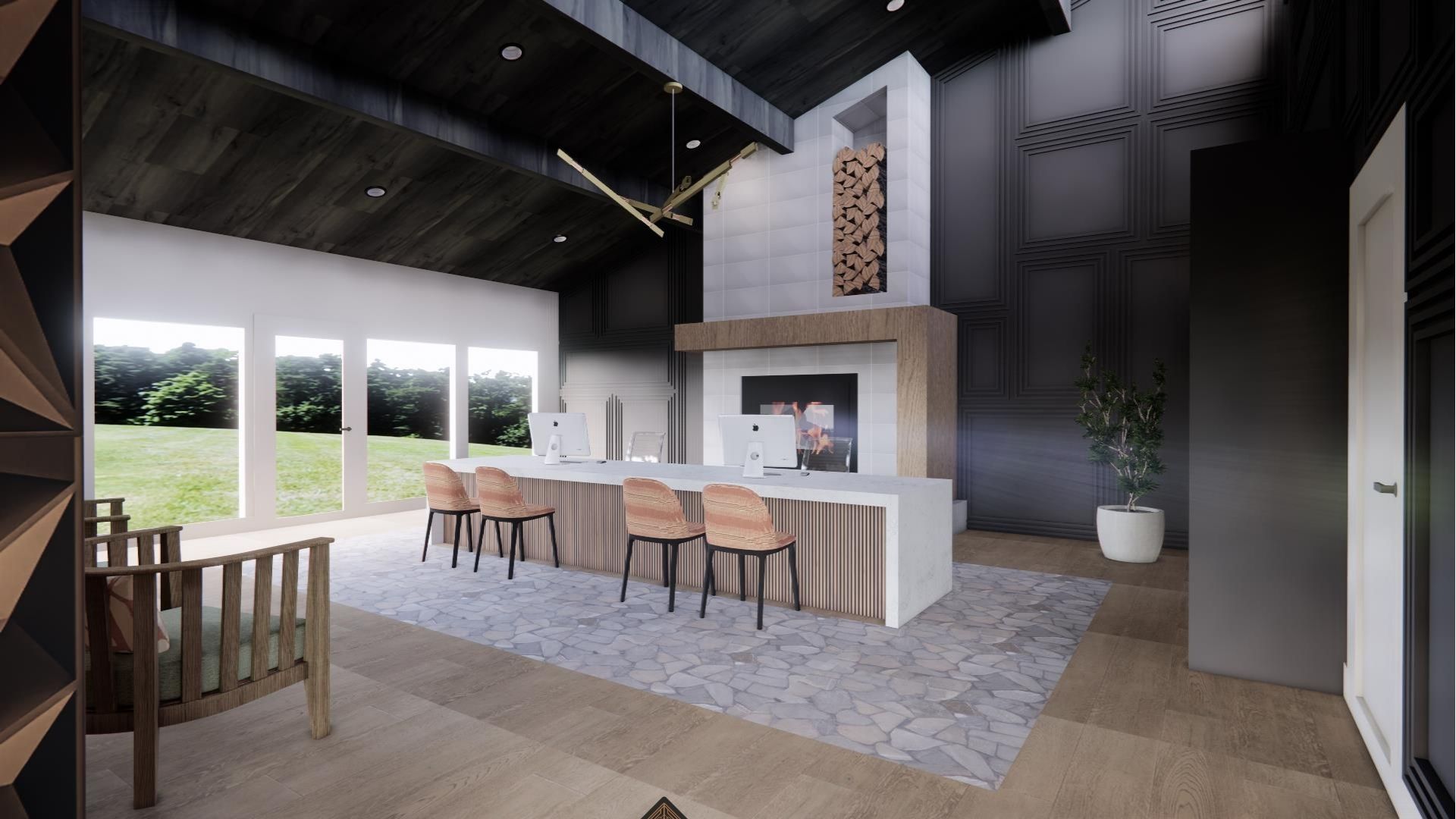 a rendering of a modern kitchen with a fireplace at The  Marley