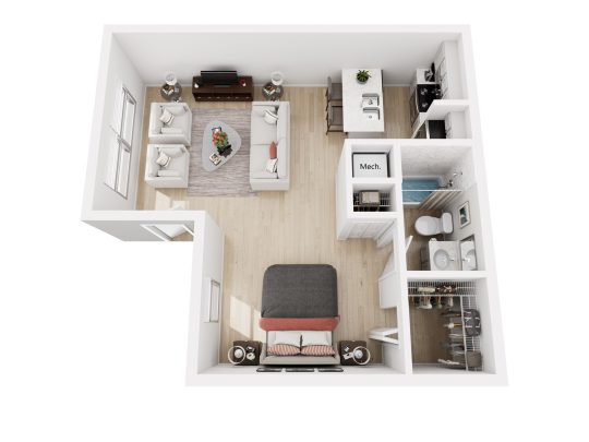 a small kitchen with a refrigerator, microwave, and other items