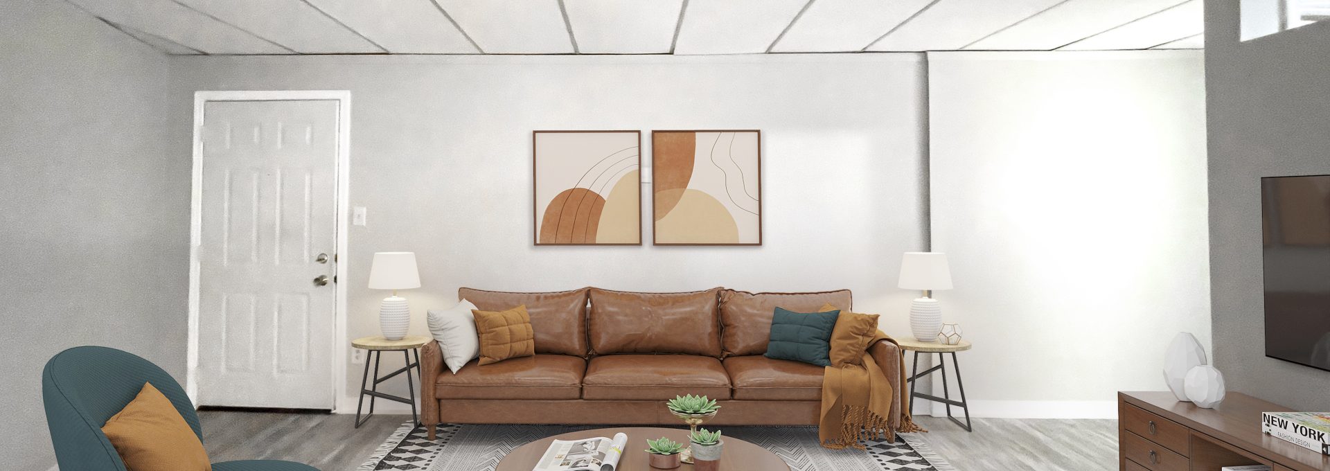 a 3d rendering of a living room with a couch, coffee table and chairs at The Beacon Hill Apartments