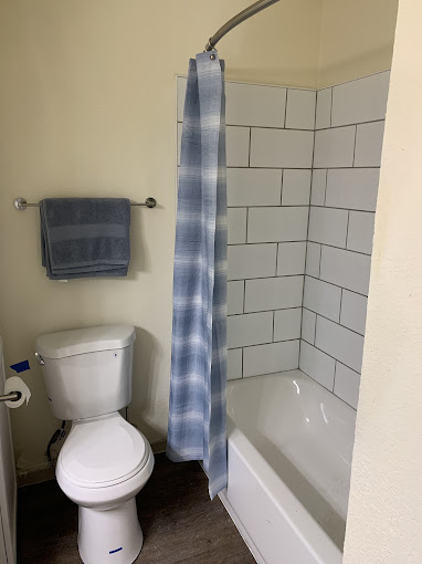 a bathroom with a toilet, sink and shower curtain at The Kings Lofts