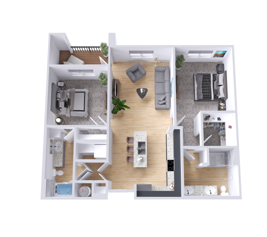 a 3d rendering of a two bedroom apartment at The Legacy at Veramendi