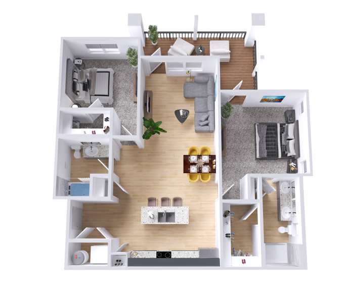 a 3d rendering of a two bedroom apartment at The Legacy at Veramendi