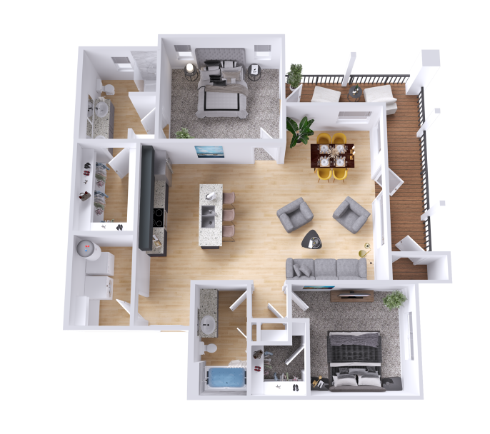 a 3d rendering of a two bedroom apartment at The Legacy at Veramendi