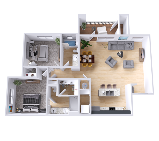 a 3d rendering of a two bedroom apartment at The Legacy at Veramendi