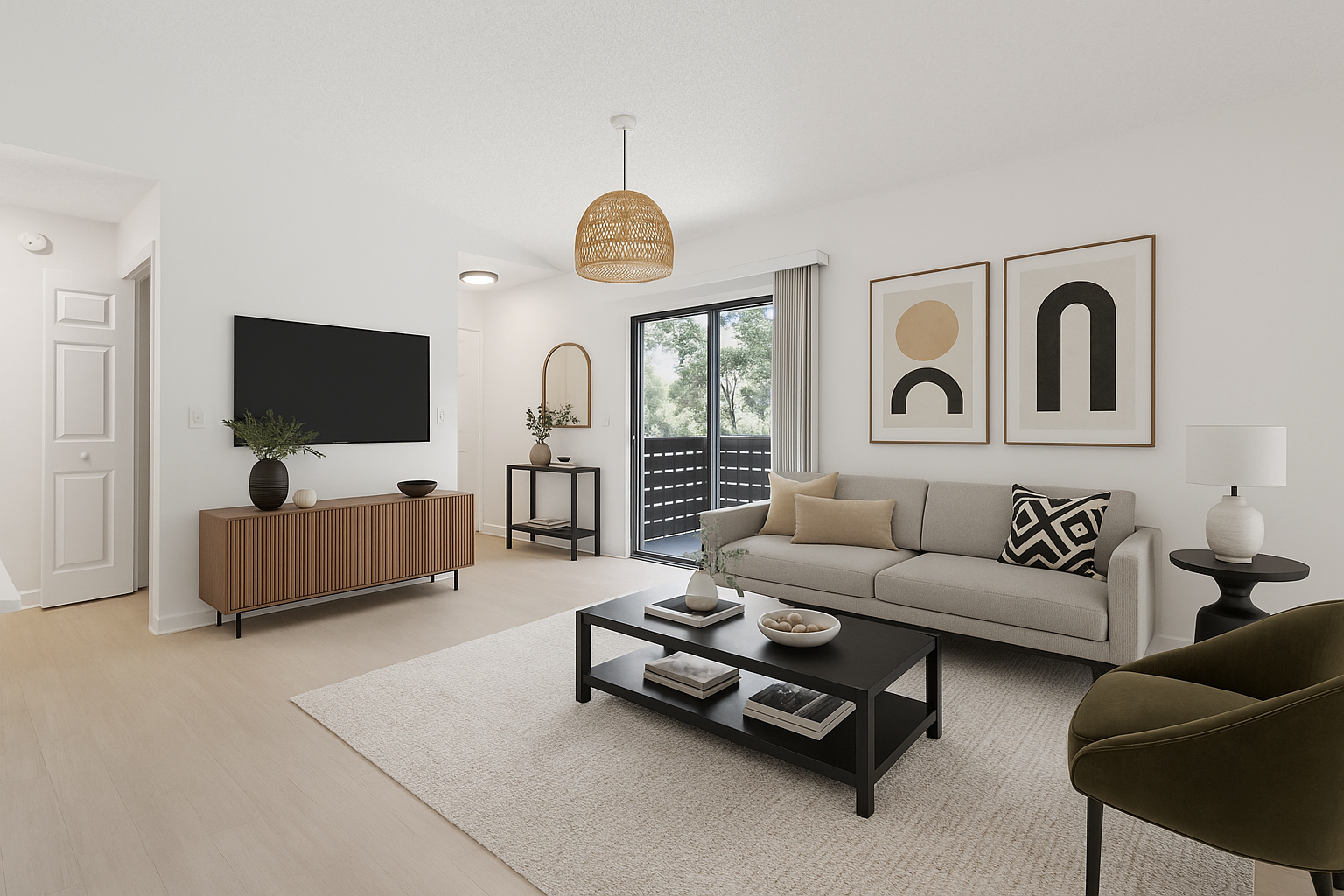 a rendering of a living room with a couch, coffee table and television at The Vista Bay