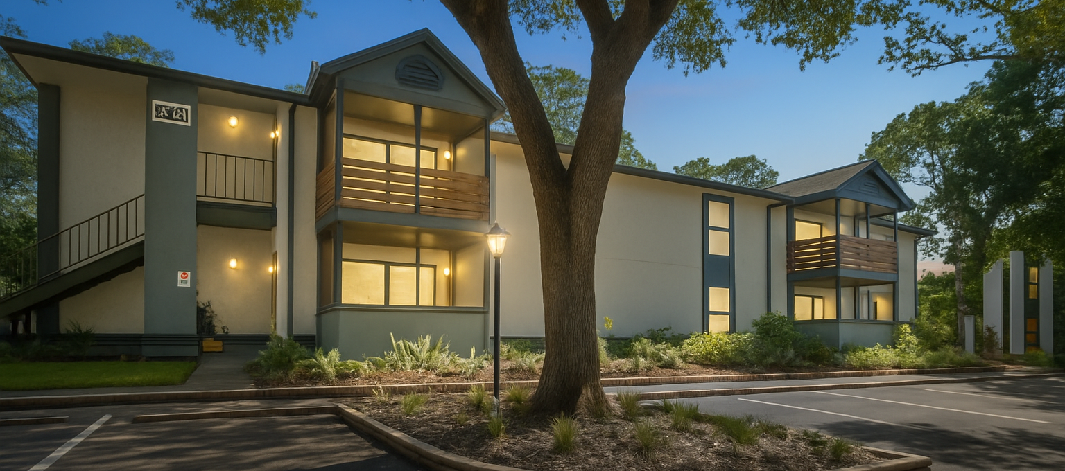 the exterior of an apartment complex at night at The Vista Bay