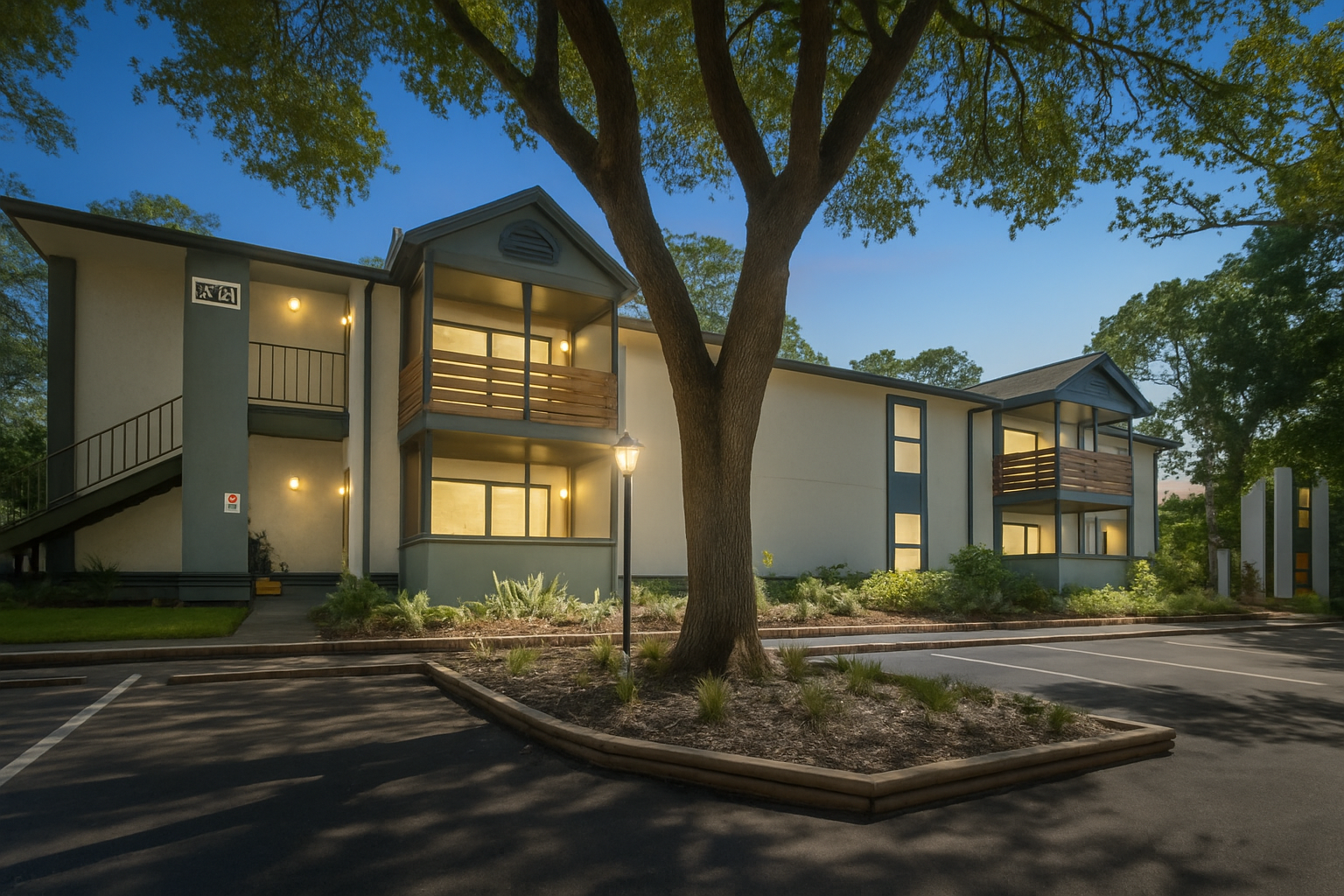 the exterior of an apartment complex at night at The Vista Bay