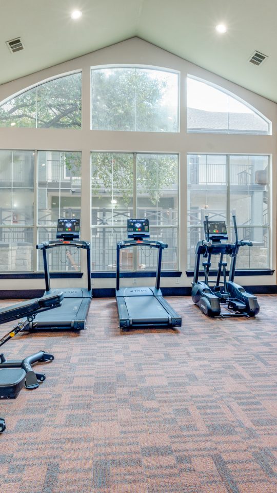 a gym room with exercise equipment and windows at The Stetson