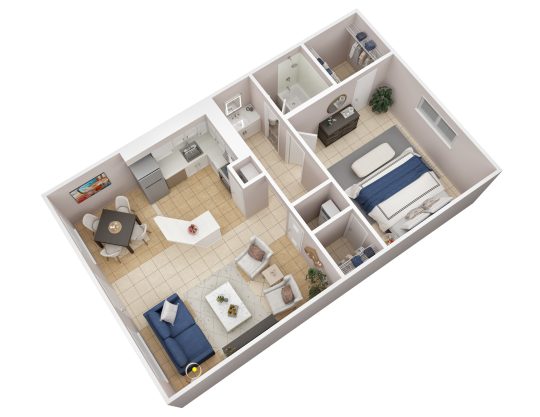 a 3d rendering of a two bedroom apartment at The Westview Pines