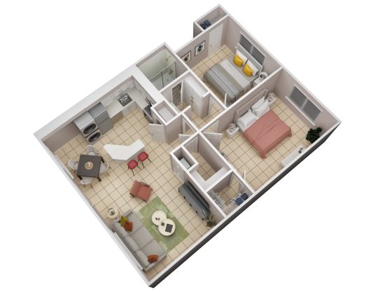 a 3d rendering of a two bedroom apartment at The Westview Pines
