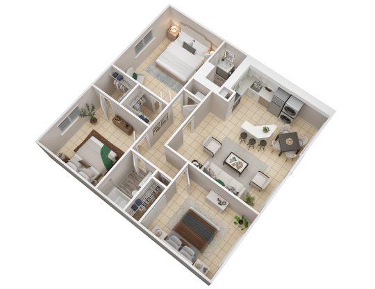 a 3d floor plan of a two bedroom apartment at The Westview Pines
