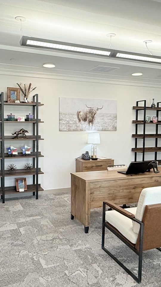 Leasing Office with desk, book shelves, and chairs