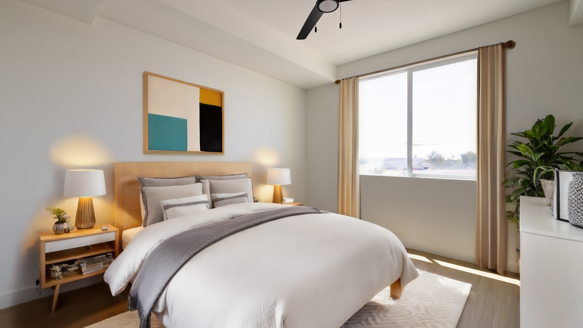 Rendering of an apartment bedroom with a ceiling fan and a bed at The Blue at Eastline