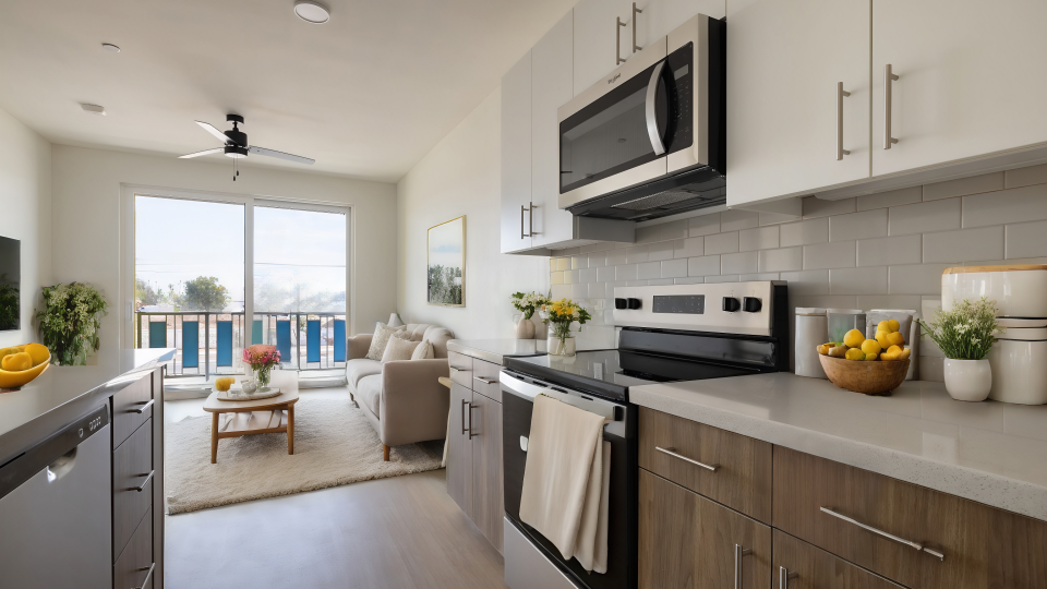 Modern apartment kitchen with stainless steel appliances and a view of the ocean at The Blue at Eastline