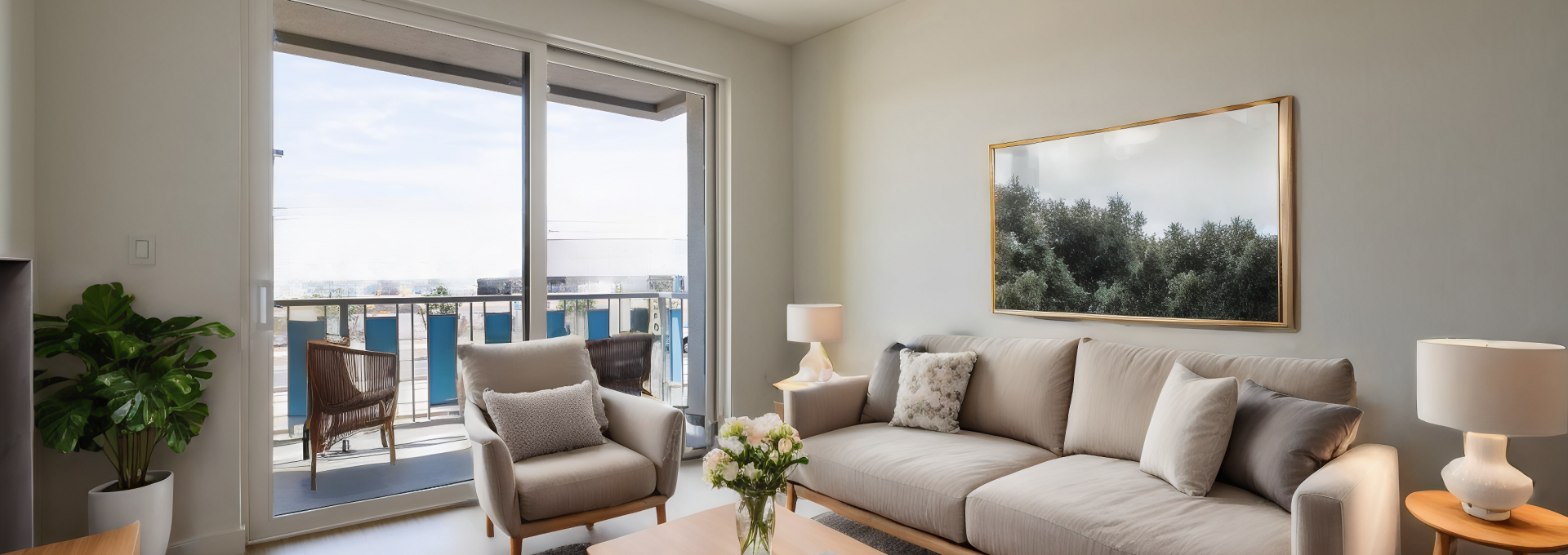 Furnished living room with a large window overlooking the ocean in an apartment home at The Blue at Eastline