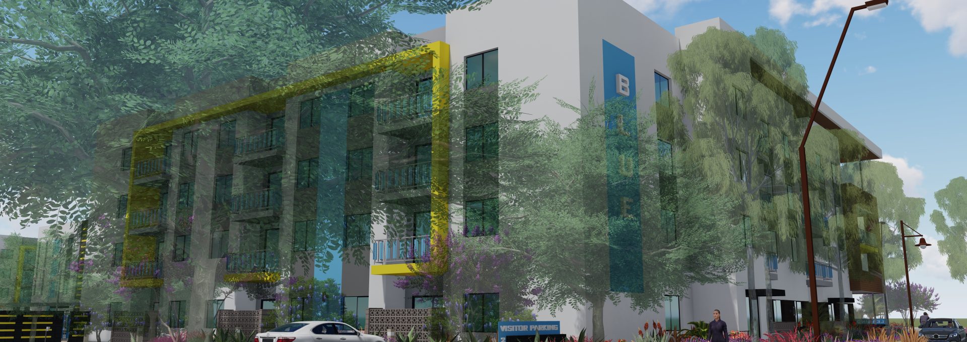 Rendering of the exterior of Blue Eastline's apartment community