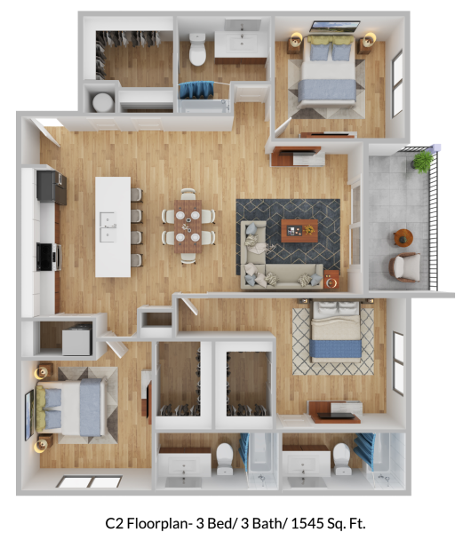 a 3d rendering of a two bedroom apartment at The Blue Eastline