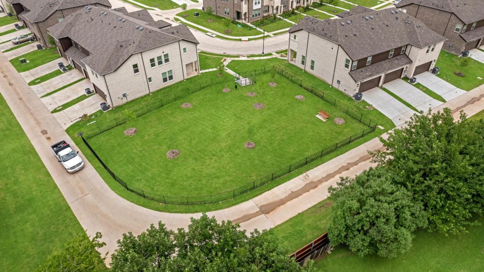 Aerial view of The Villas at Bardin's community dog park