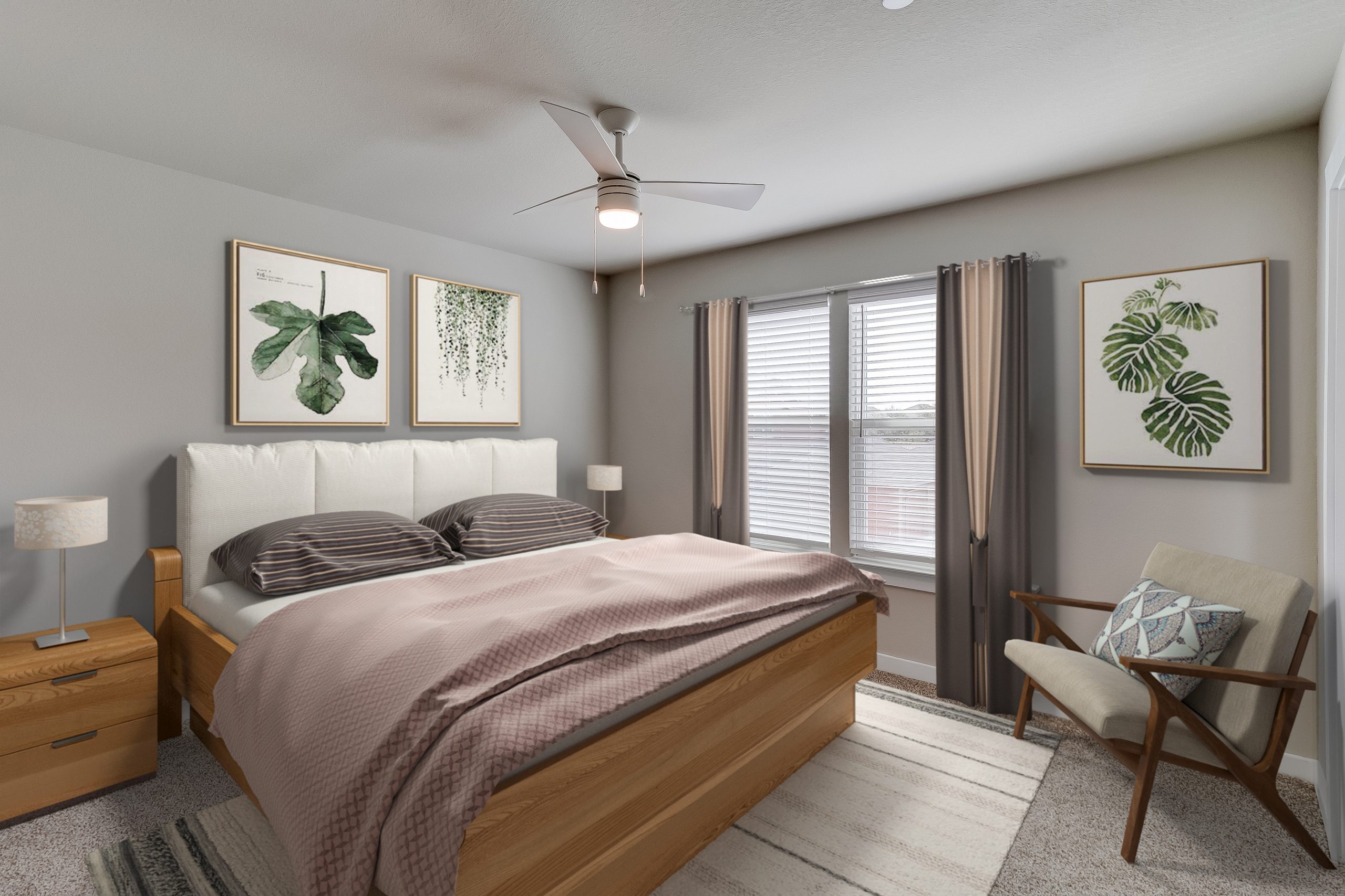 Virtually staged townhome bedroom with a bed, dresser and a fan at The Powell