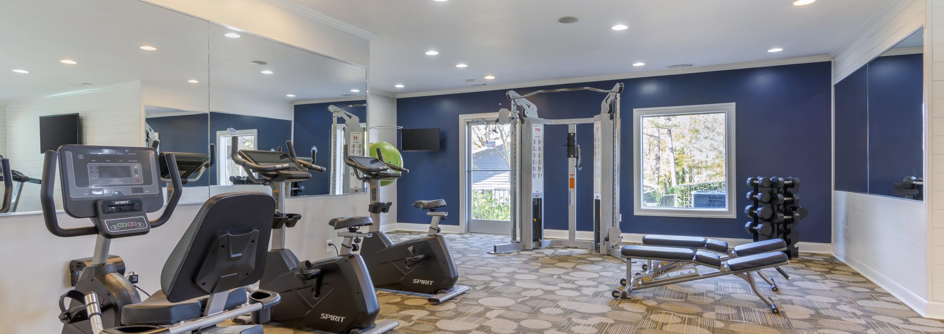 a gym room with exercise equipment and blue walls at The  Wynne