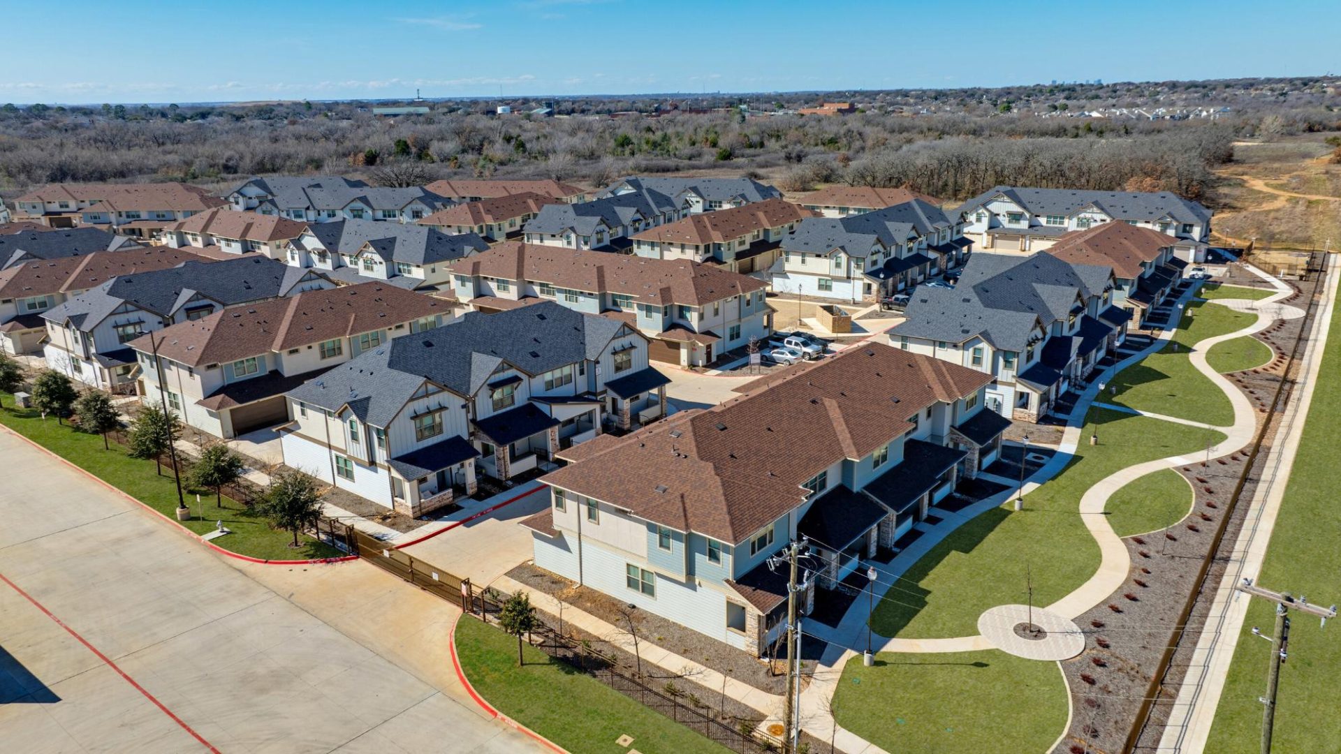 an aerial view of the new homes in the suburbs at The Town Arlington