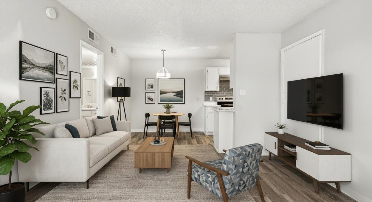 Open-concept living and dining area with sofa, TV console, dining set, and kitchen at Country Gables in Glendale, AZ