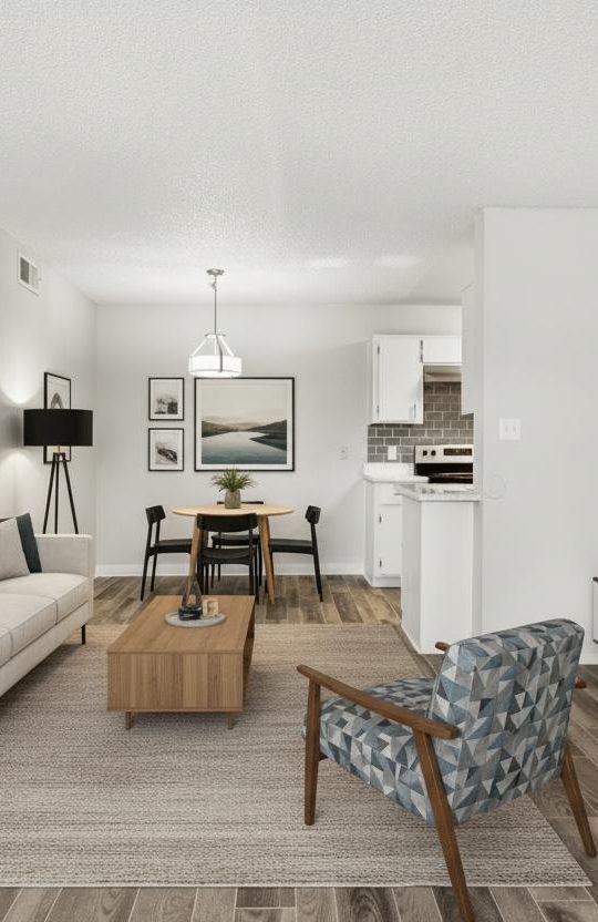 Open-concept living and dining area with sofa, TV console, dining set, and kitchen at Country Gables in Glendale, AZ