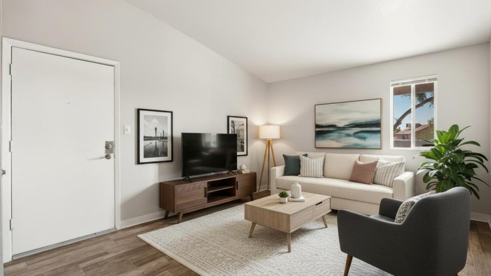 Furnished living room with sofa, accent chair, media console with TV, and private balcony access at Country Gables in Glendale, AZ