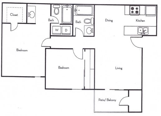 B1 floor plan diagram, a two bedroom two bathroom apartment of 835 square feet at Country Gables