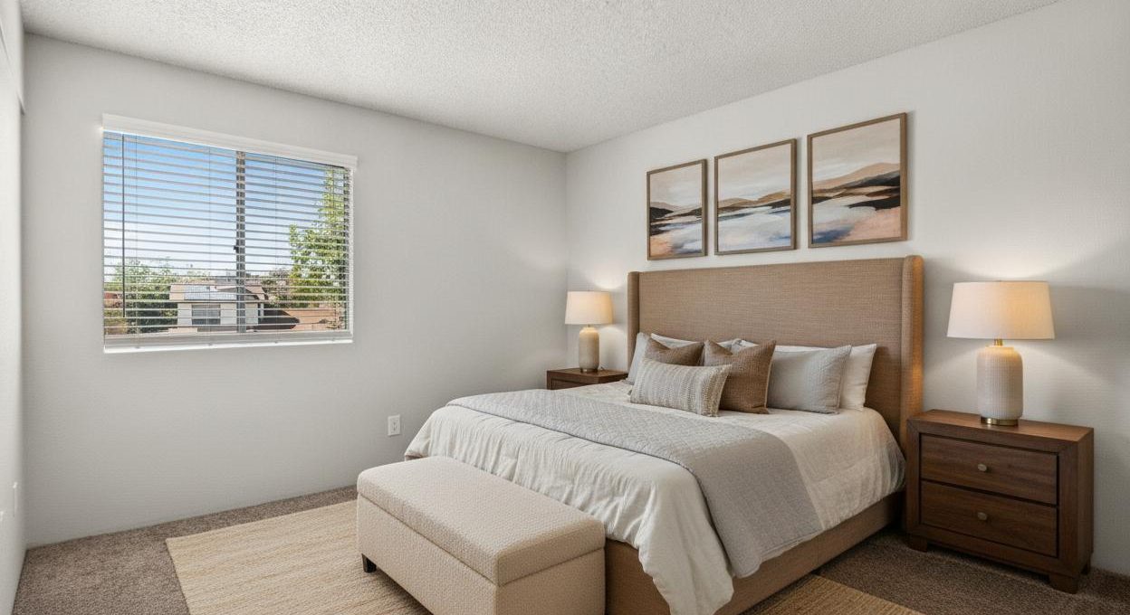 Furnished bedroom with a queen bed, nightstands, bench, and framed art at Country Gables in Glendale, AZ