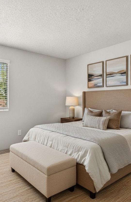 Furnished bedroom with a queen bed, nightstands, bench, and framed art at Country Gables in Glendale, AZ