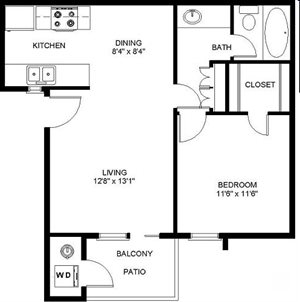 A1 floor plan diagram, a one bedroom one bathroom apartment of 440 square feet at Country Gables