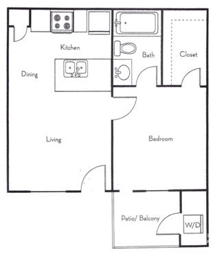 A2 floor plan diagram, a one bedroom one bathroom apartment of 566 square feet at Country Gables
