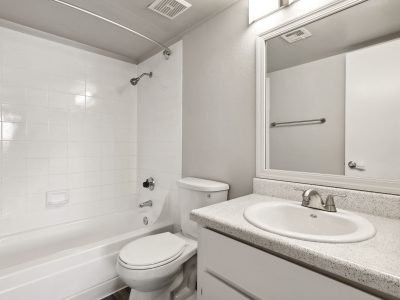 Full bathroom with a tub-shower combination, vanity, and large mirror at Country Gables