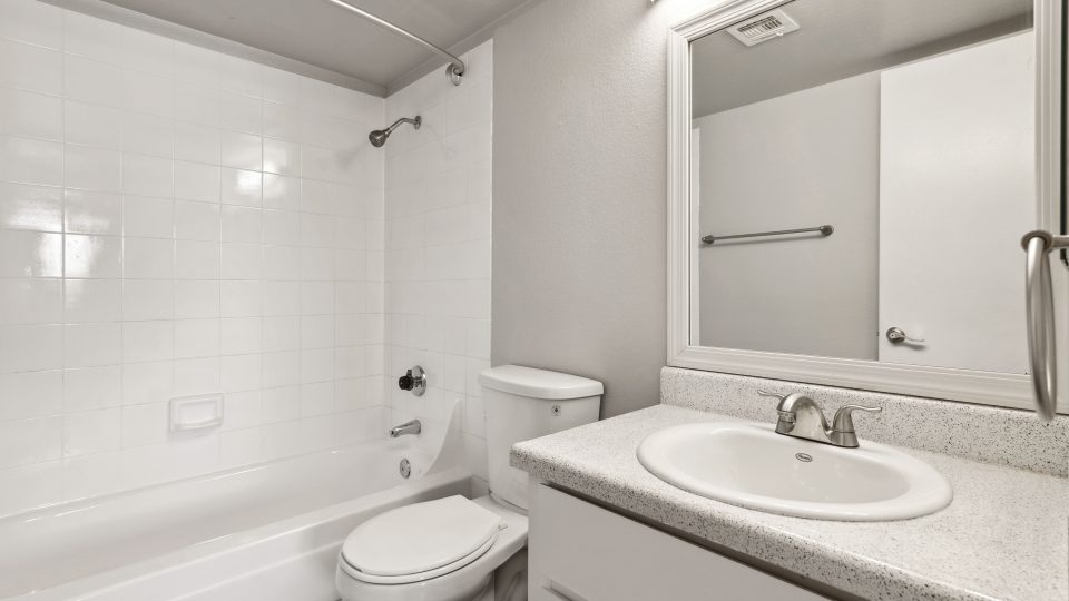 Full bathroom with a tub-shower combination, vanity, and large mirror at Country Gables