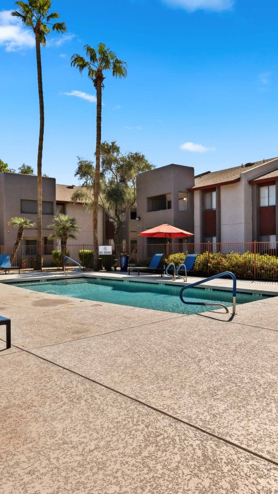 Sparkling community pool and sundeck with lounge chairs and palm trees at Country Gables in Glendale, AZ