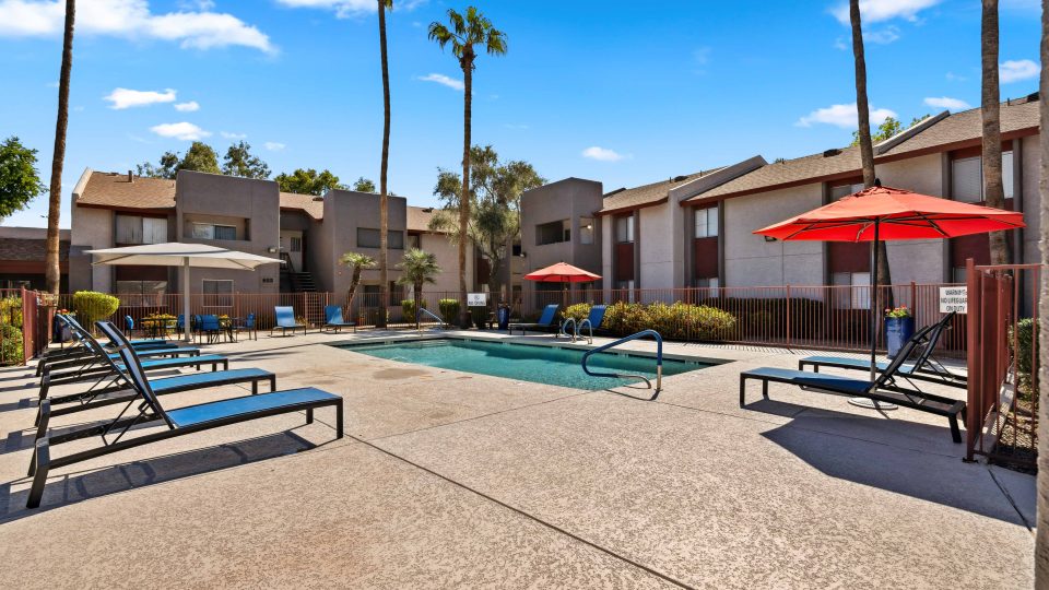 Sparkling community pool and sundeck with lounge chairs and palm trees at Country Gables in Glendale, AZ
